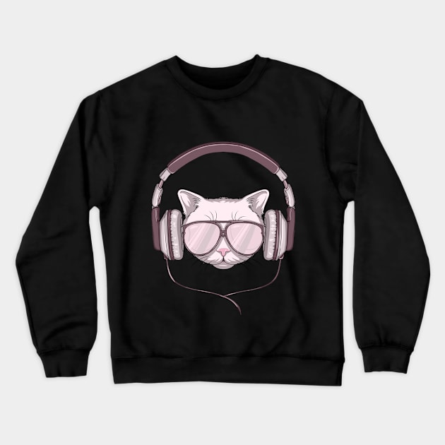 Cat with Sunglasses and Headphone Crewneck Sweatshirt by Markus Schnabel